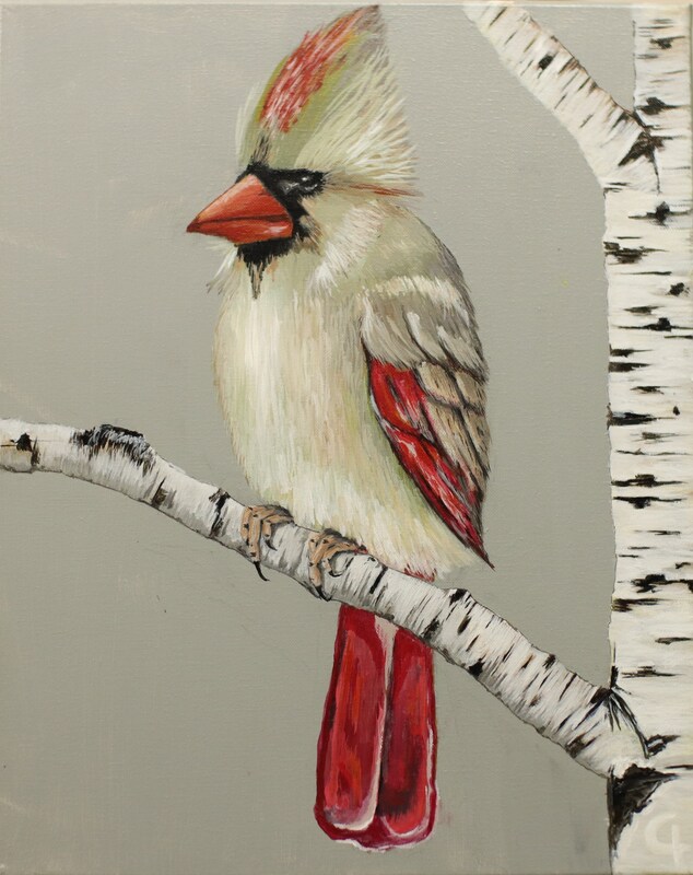 Acrylic Painting: A stoic Cardinal on her favorite perch.